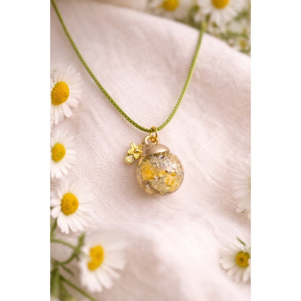 Handmade Chamomile Resin Necklace 18” Green Cord Floral Herb Pendant
